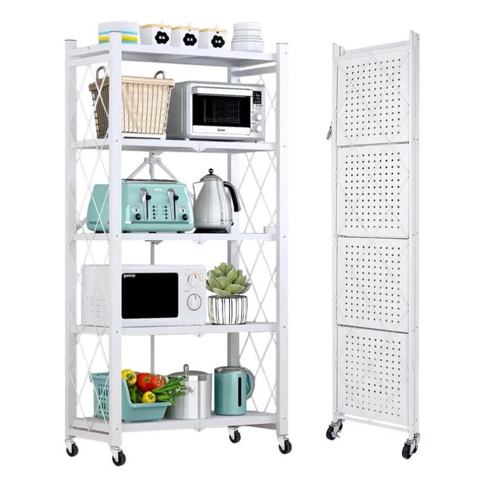 COOKCOK 5-Tier Storage Shelving Unit  Metal Shelf 27.9 x13.4 x62.5  Foldable Storage Shelf with Wheels  Garage Shelf  Metal Storage Rack  Kitchen Shelf with 4 Hooks  No Assemble Require  White