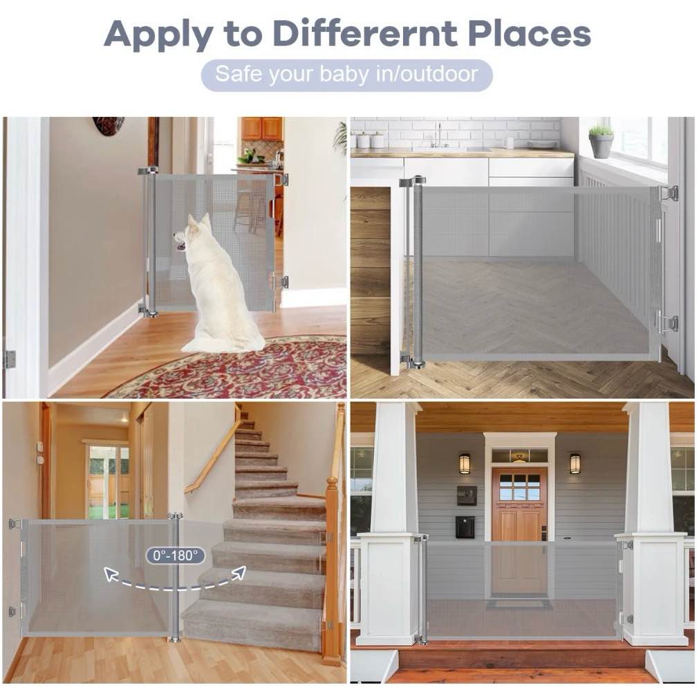 Condition photo showing New/Like New for HDJ 71in Retractable Baby Gate,34in Tall Mesh Baby Safety Gate for Stairs,Metal Auto-Lock Dog Gate,Extra Wide,Grey