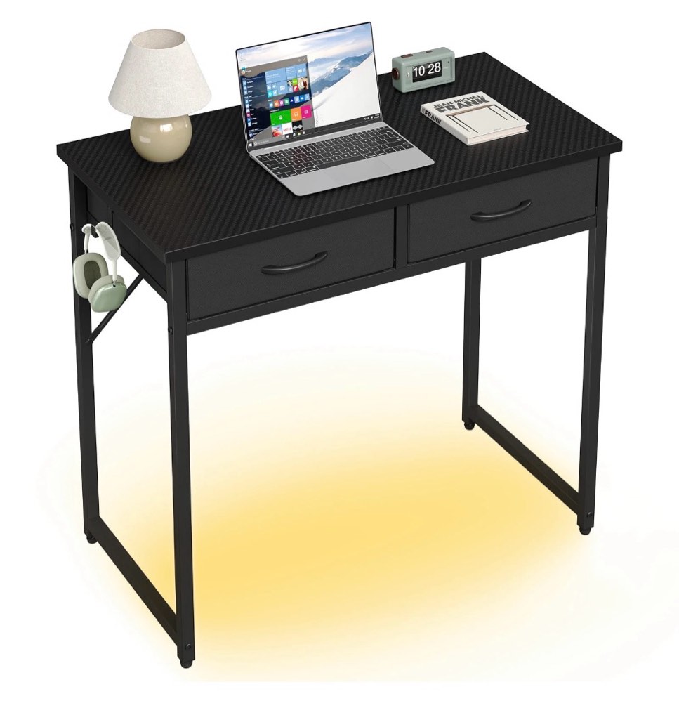 Pinmoco 32 inch Small Desk Computer Desk with Fabric Drawers& RGB LED Light, Writing Desk, White Vanity Desk with Hanging Hook Hook for Home, Bedroom, Black