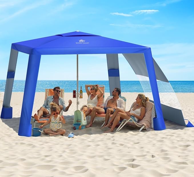Rhino Valley Beach Cabana, 8*8FT Beach Tent UPF50+ Protection, Easy Setup Beach Canopy Wind Resistant with Cup Holder,Compact Beach Shade Foldable Beach Tent Sun Shelter for Whole Family Friend,Indigo