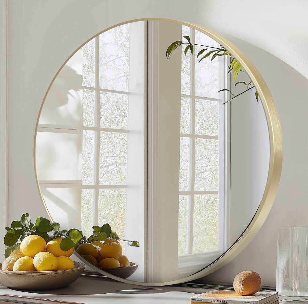EDX 24 Wall Round Mirror with Crystal Clear Reflection Convenient Hanging Hooks and Premium Aluminum Alloy Construction Gold