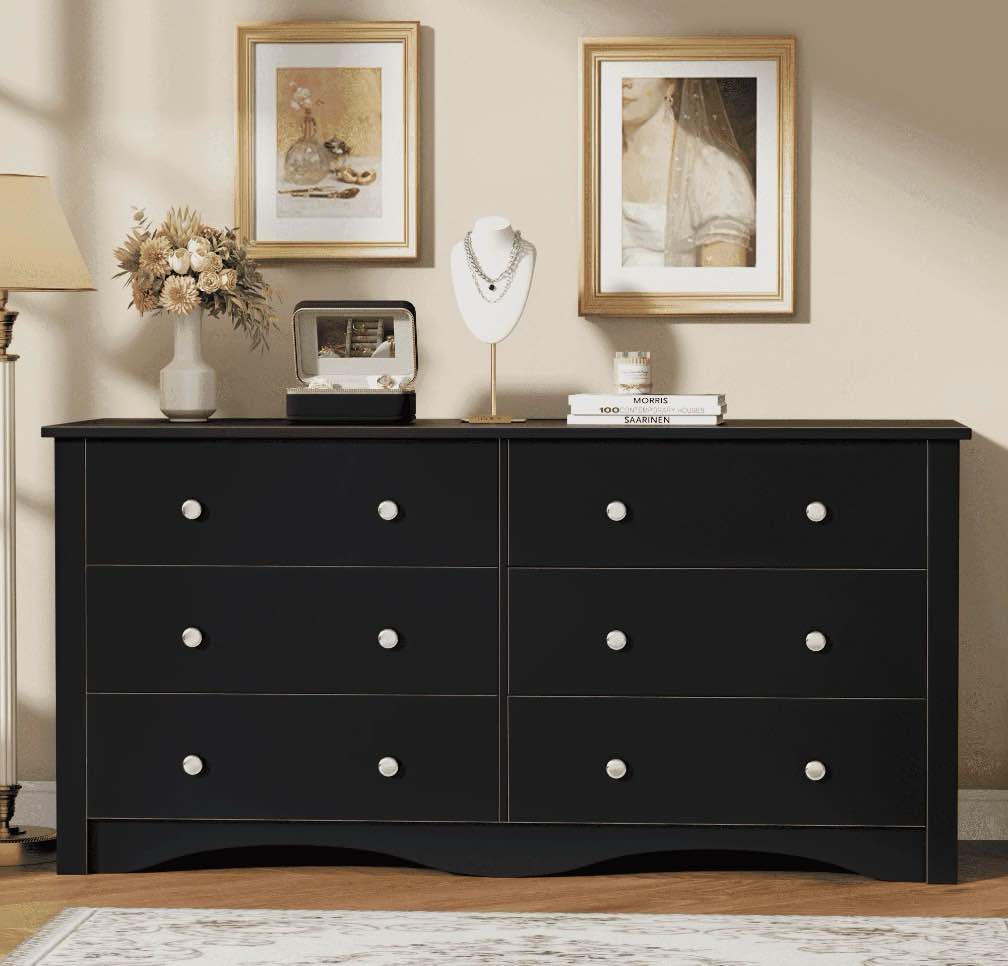 Homall 6 Drawer Wood Dresser Furniture, Double Tier Storage Cabinet for Bedroom & Living Room,Black Finish