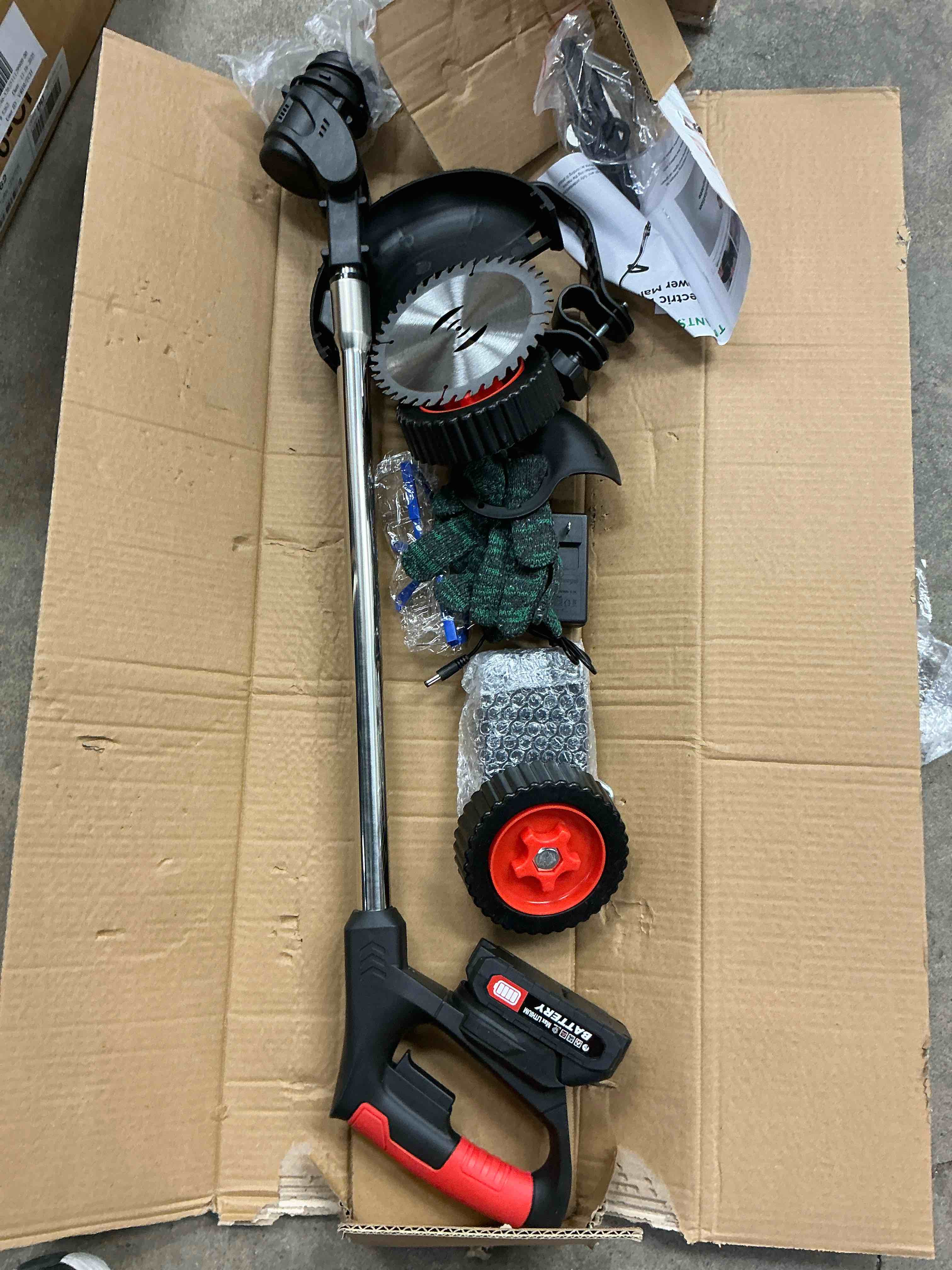 Condition photo showing Good Condition for TNTANTS Electric Weed Wacker  Cordless String Trimmer with Wheels  2Pcs 24V Batteries  3 Types of Blades  Adjustable Length  Weed Eater Grass Trimmer/Edger/Brush Cutter for Lawn Yard Garden (Black)