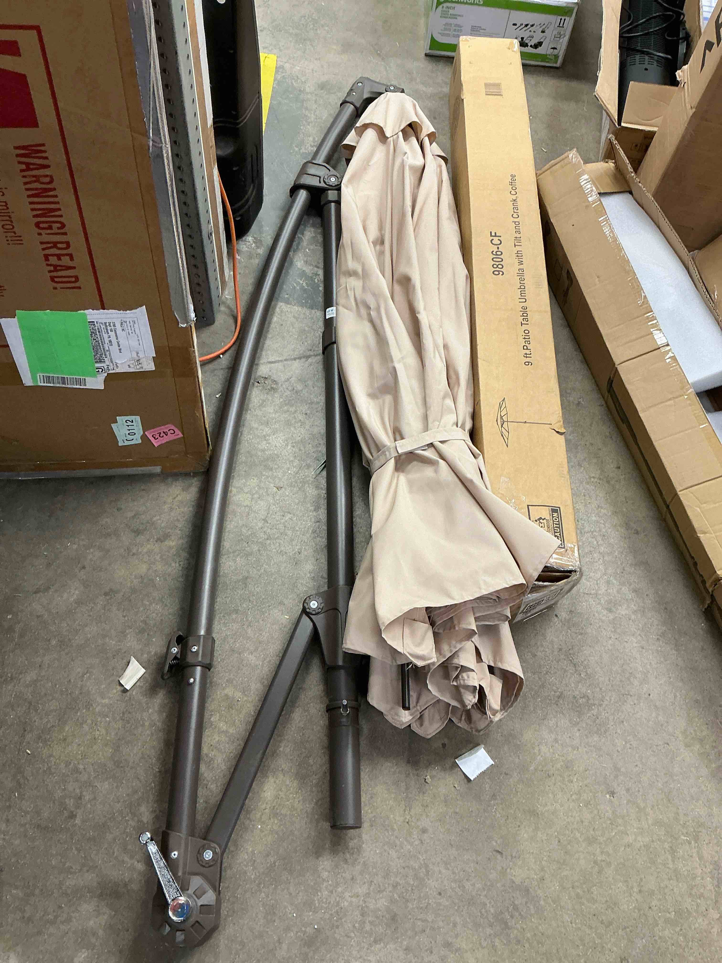 Condition photo showing Good Condition for 9FT Outdoor Hanging Offset Cantilever Umbrella Patio Market Umbrella with Crank Sun Shade Canopy, Khaki