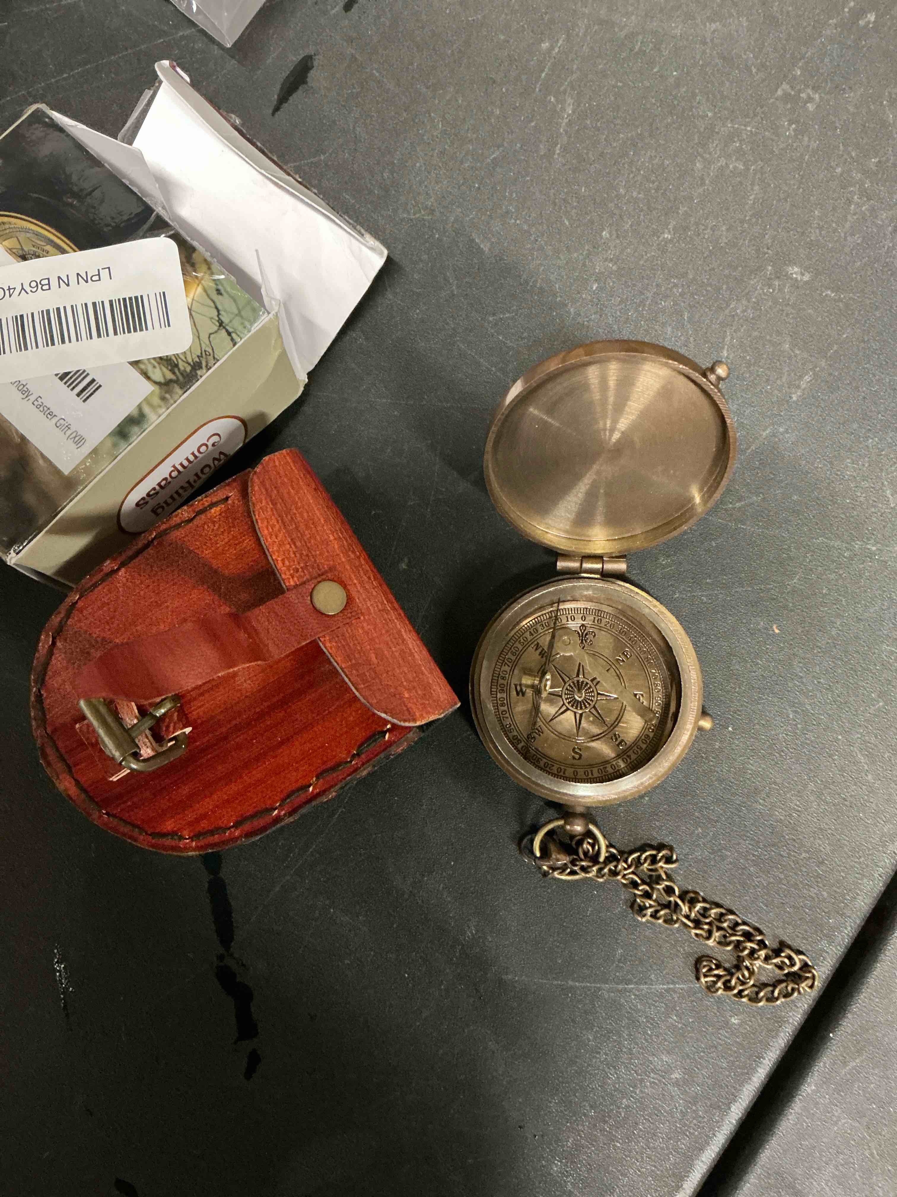 Condition photo showing Good Condition for Thoreau's Go Confidently Engraved Solid Brass Nautical Pocket Compass with Leather Case, Brass Compass to Son, Gifts for Men with Famous Poet Quotes, Graduation Day, Birthday, Easter Gift (XII)