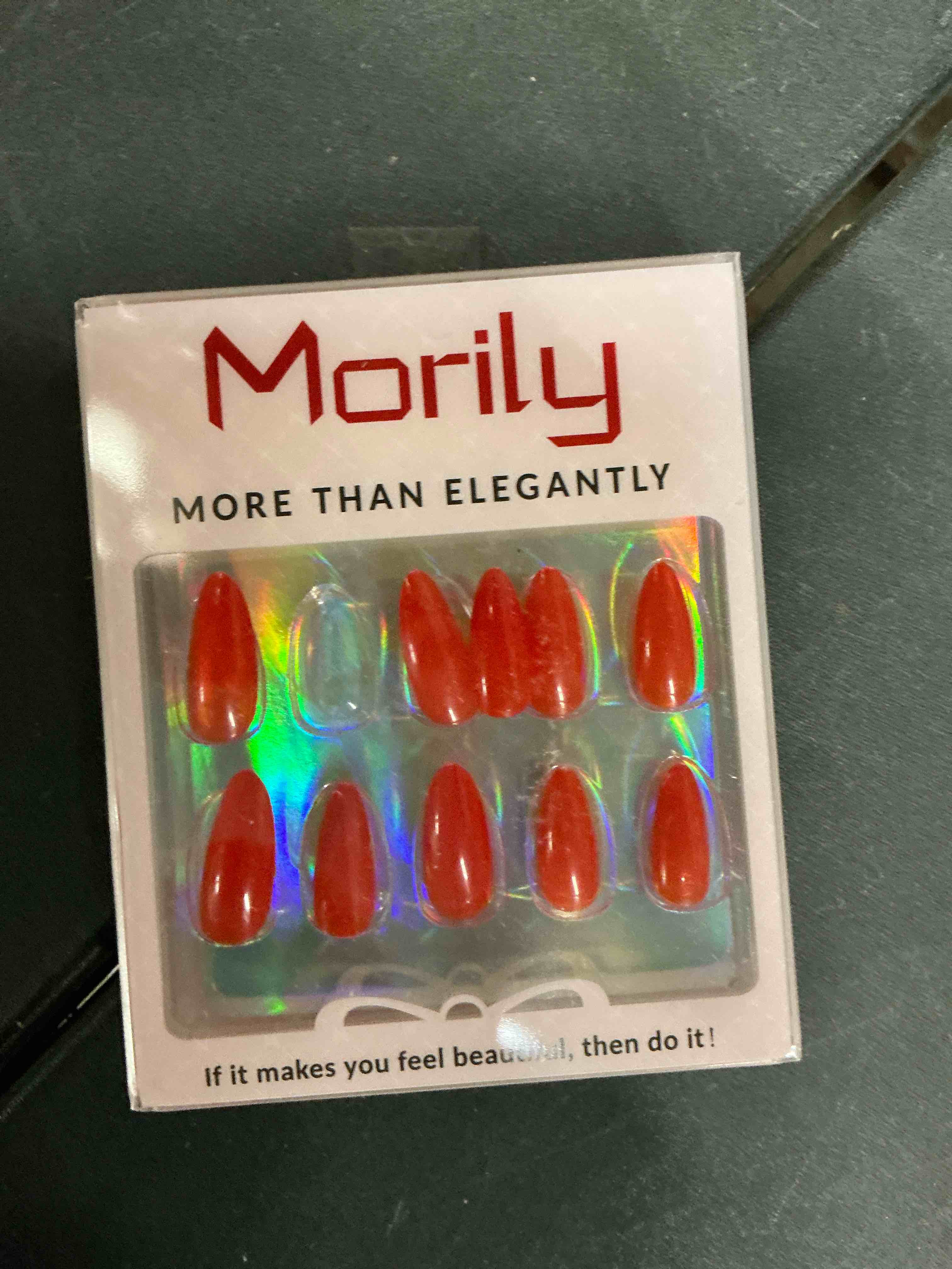 Condition photo showing Good Condition for Morily Red Press on Nails, 30Pcs Short Almond Fake Nails Glossy Acrylic False Nails Reusable Full Cover Stick on Nails for Women, 15 Sizes, Thicker Fingertips Red Short Almond