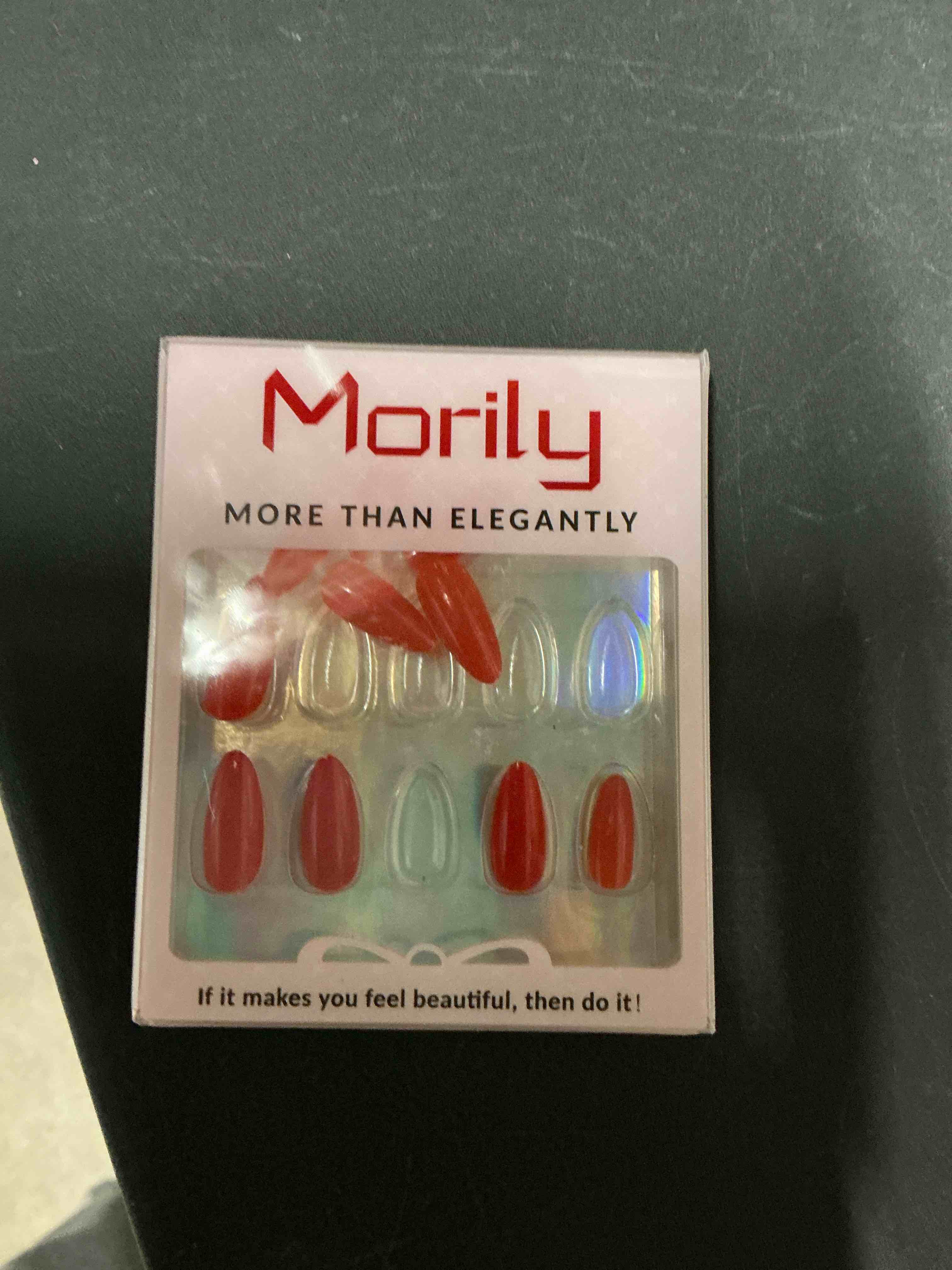 Condition photo showing Good Condition for Morily Red Press on Nails, 30Pcs Short Almond Fake Nails Glossy Acrylic False Nails Reusable Full Cover Stick on Nails for Women, 15 Sizes, Thicker Fingertips Red Short Almond