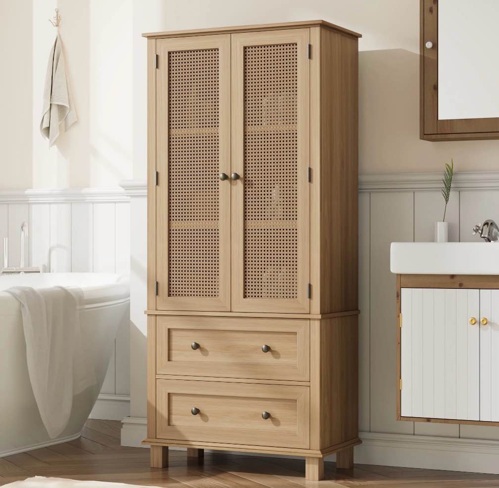homfa bathroom cabinet with rattan doors, rattan linen storage cabinet with 2 drawers, oak