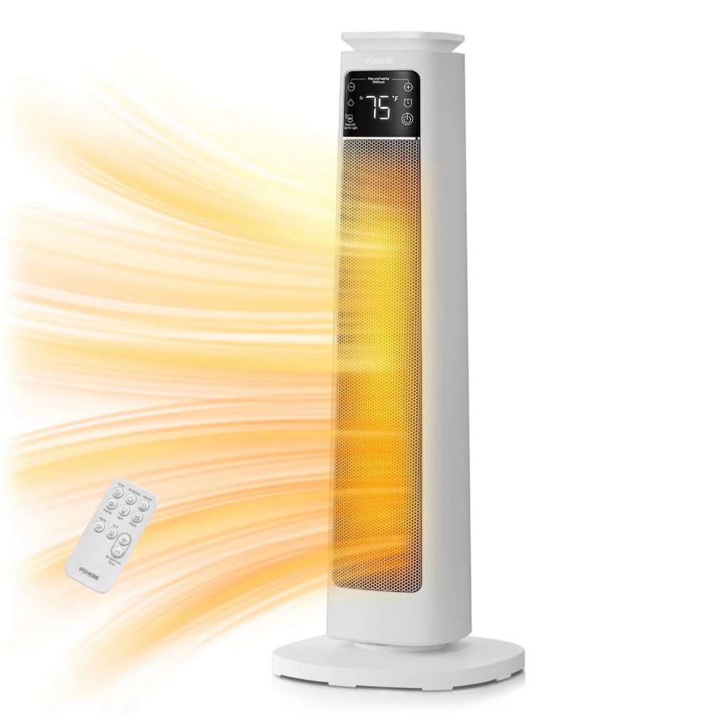 24" tower space heater, 2000w ptc electric heater with remote & thermostat, 70° oscillation, 12h timer, overheat and tip-over protection for whole room, large bedroom, office