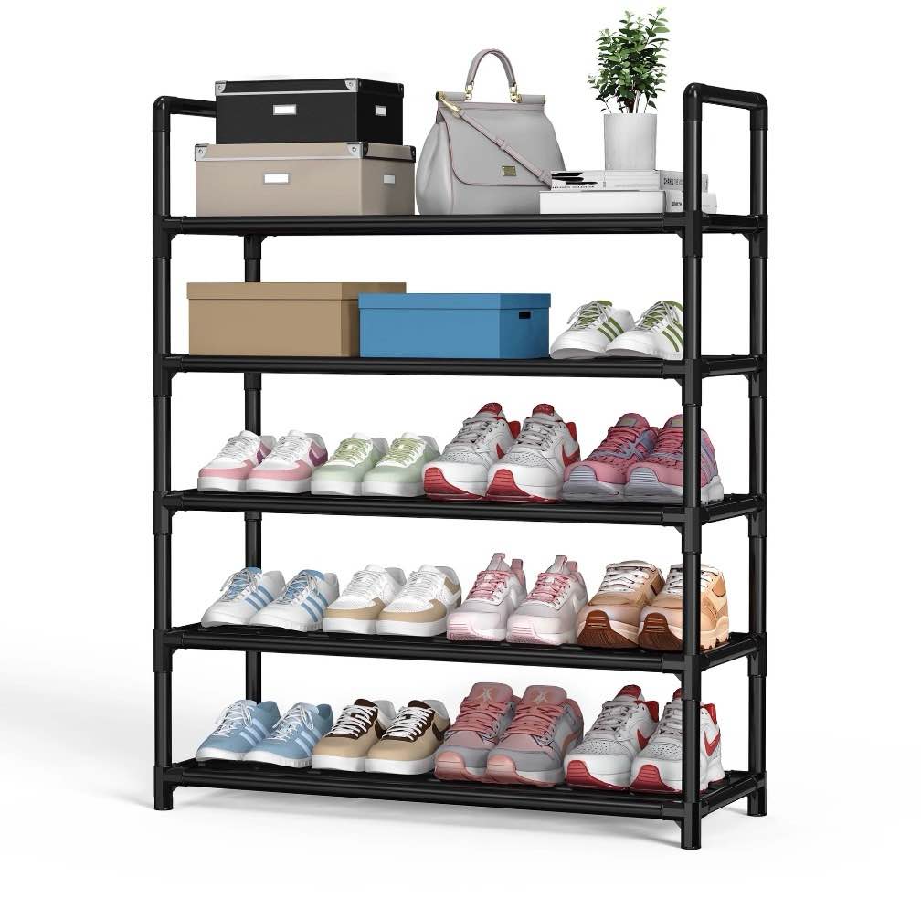 krpimt 5-tier shoe rack, 31.5" stackable shoe organizer storage holds 15-20 pairs, metal shoe shelf for entryway hallway and closet, black