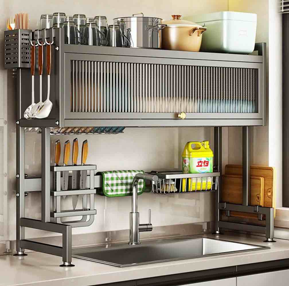 dish drying rack large stainless steel over the sink 2 tier dish rack with cover for kitchen (black large 33.5 length)