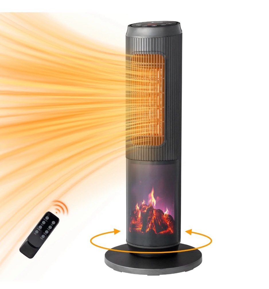 ktaxon 25'' digital tower space heater with remote control, oscillation, 3d realistic flame effect, with adjustable heat settings, overheating & tip-over safety protection for room indoor use