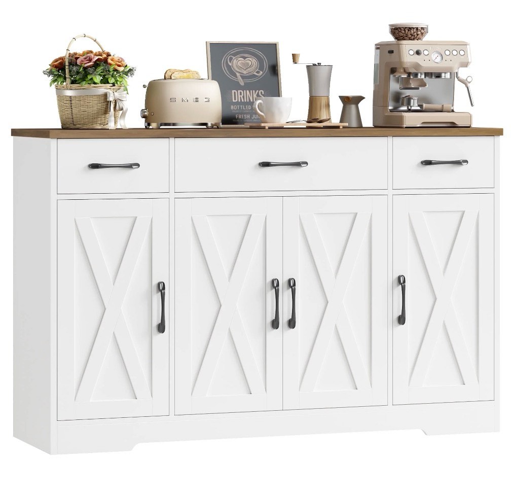 homfa buffet cabinet with 3 drawers and 4 doors, 55.1” w kitchen sideboard storage cabinet with adjustable shelves, farmhouse coffee bar cabinet for dining room, white & brown