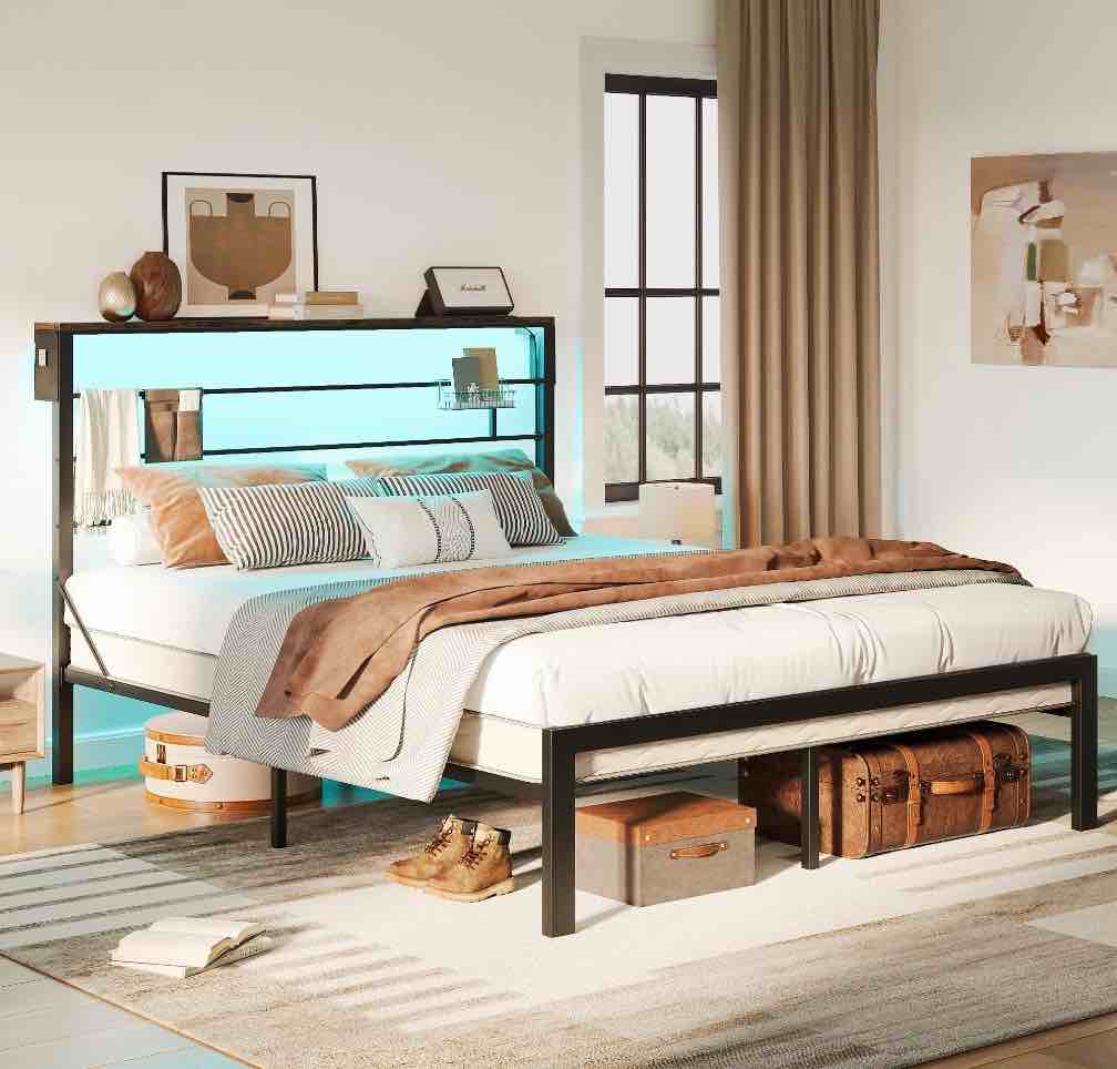 bestier queen size bed frame with 49.2" high led storage headboard shelf, metal platform bed, black