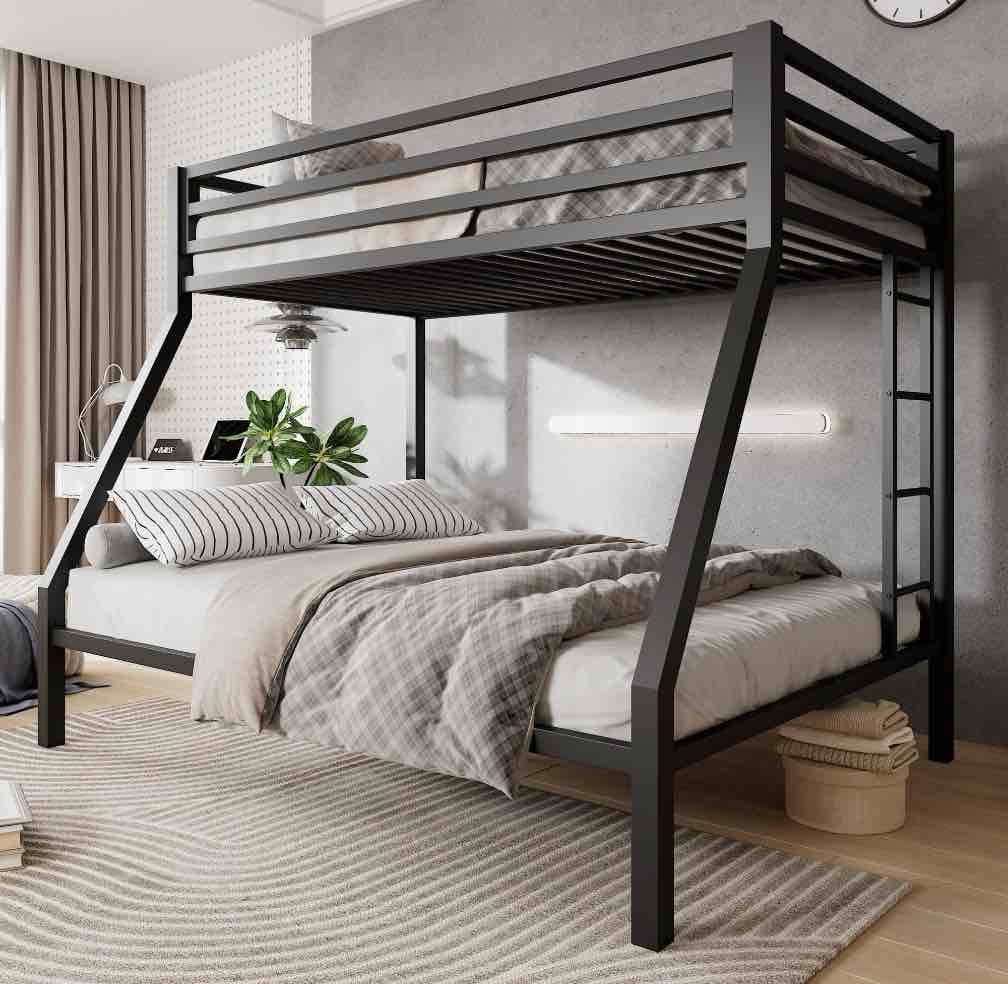 amolife twin over full size metal bunk bed with removable ladder  full-length guardrail  black
