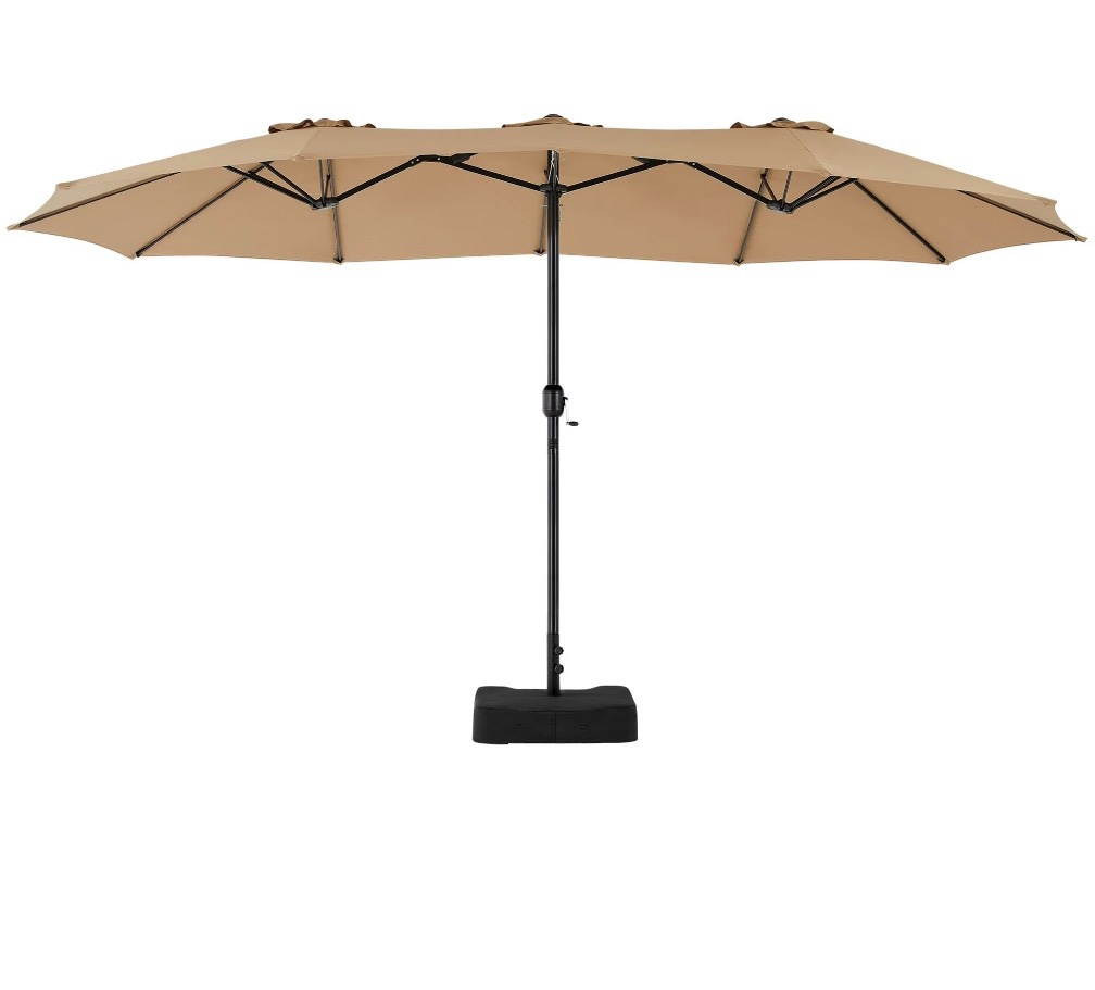 edx 15ft patio umbrellas (base included), large outdoor double-sided rectangle market umbrella with stand for poolside, lawn, and backyard, khaki