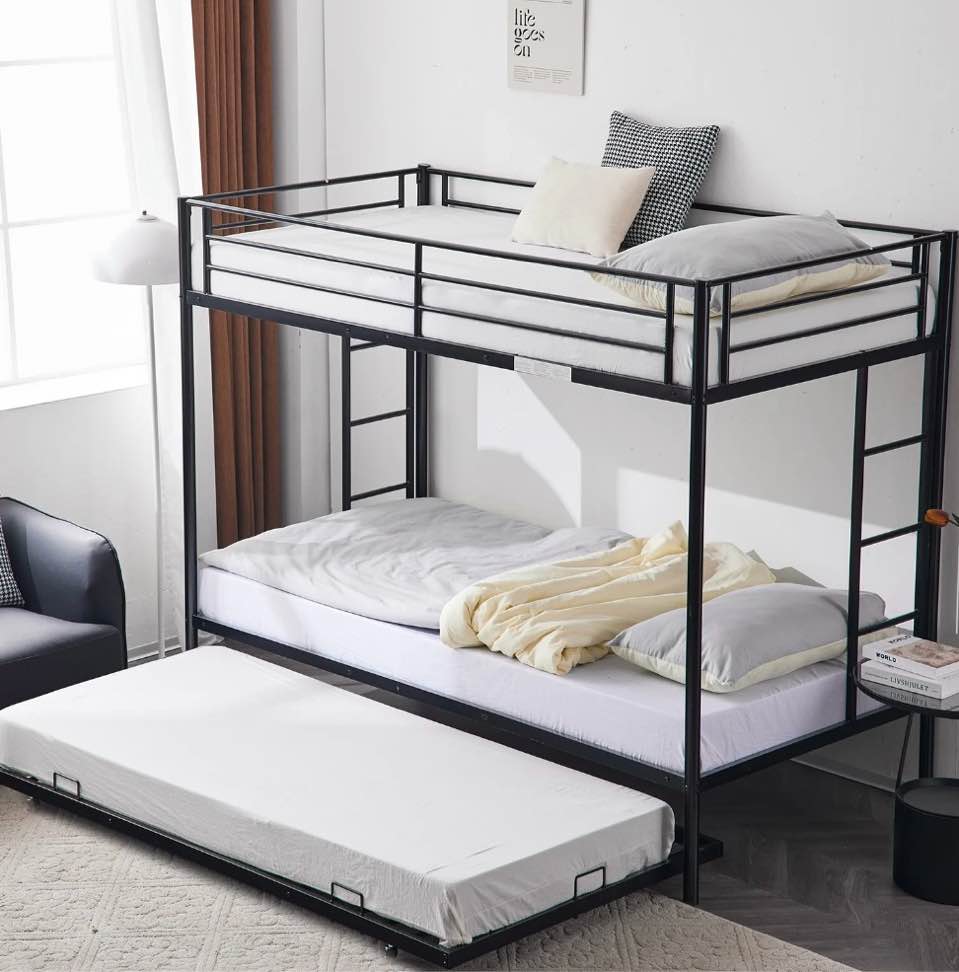 zimtown twin over twin bunk bed with trundle, heavy duty metal bed frame with safety rail side ladders for dormitory bedroom boys girls adults,no box spring needed (black)
