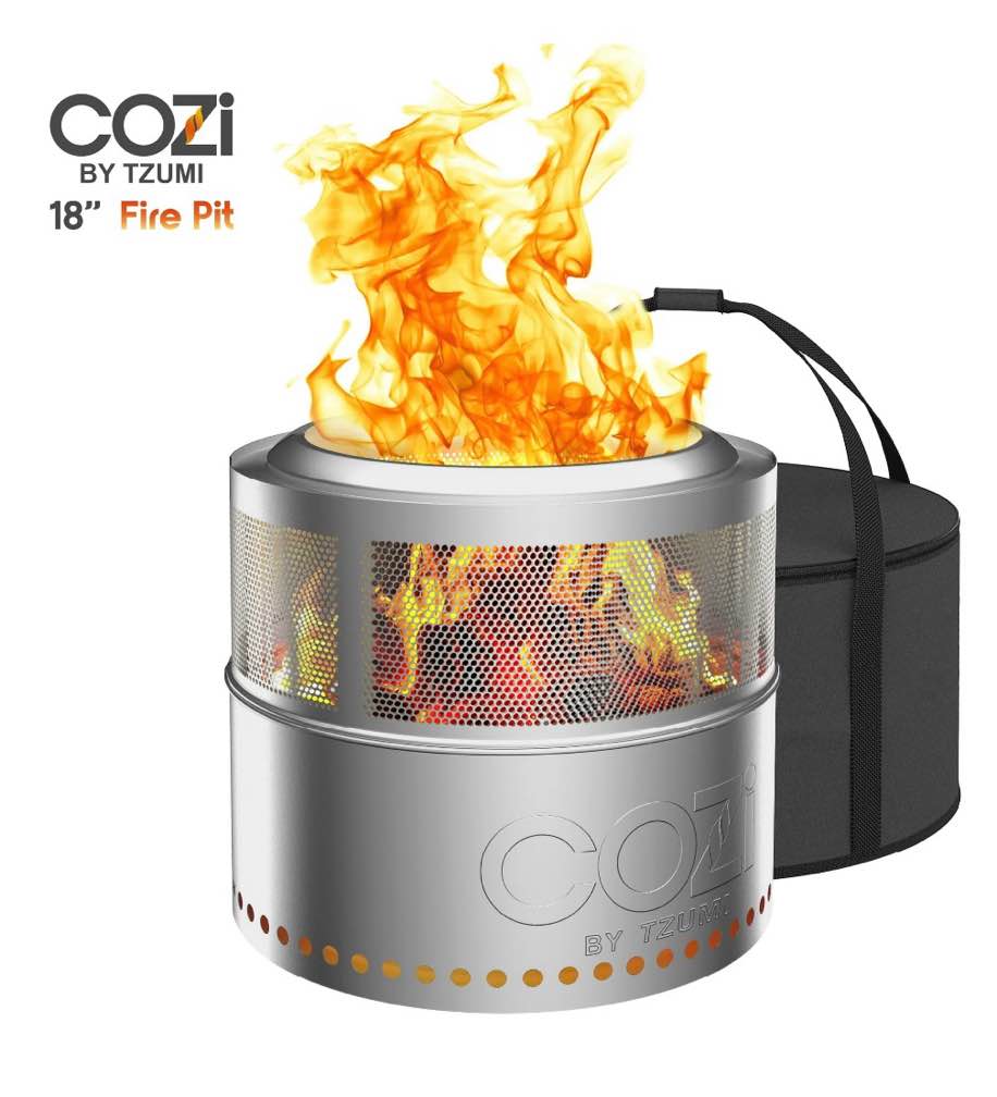 Cozi by Tzumi Smokeless Fire Pit Stainless Steel Portable Fire Pit with Carry Bag, 18”