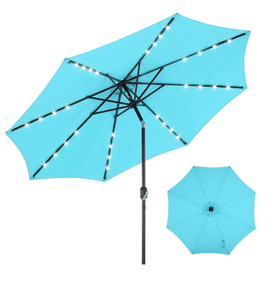 edx 10ft Solar 32 LED Lights Patio Umbrella with Tilt Adjustment and UV-Resistant Polyester Fabric?Market Umbrella for Outdoor, Lake Blue