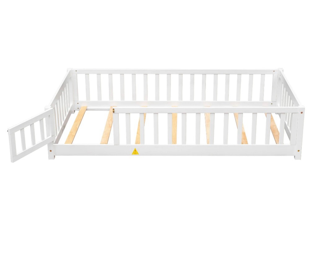 Twin Montessori Floor Bed, UHOMEPRO Floor Bed with Safety Fence and Door, Low Profile Wood Platform Bed, No Box Spring Needed, White