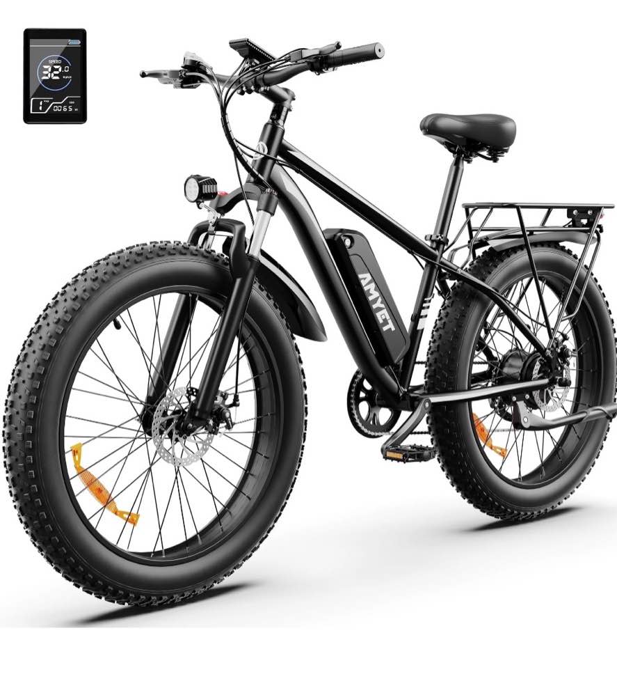 AMYET EB26 Electric Bike for Adults, 26*4.0 Fat Tire E-Mountain Bicycle,Peak 1500W Motor 48V 15Ah 7-Speed Ebike UL2849