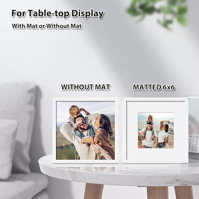 KINLINK 10x10 Picture Frame White Set of 1, Wooden Square Photo Frame Matted 6x6 with Plexiglass for