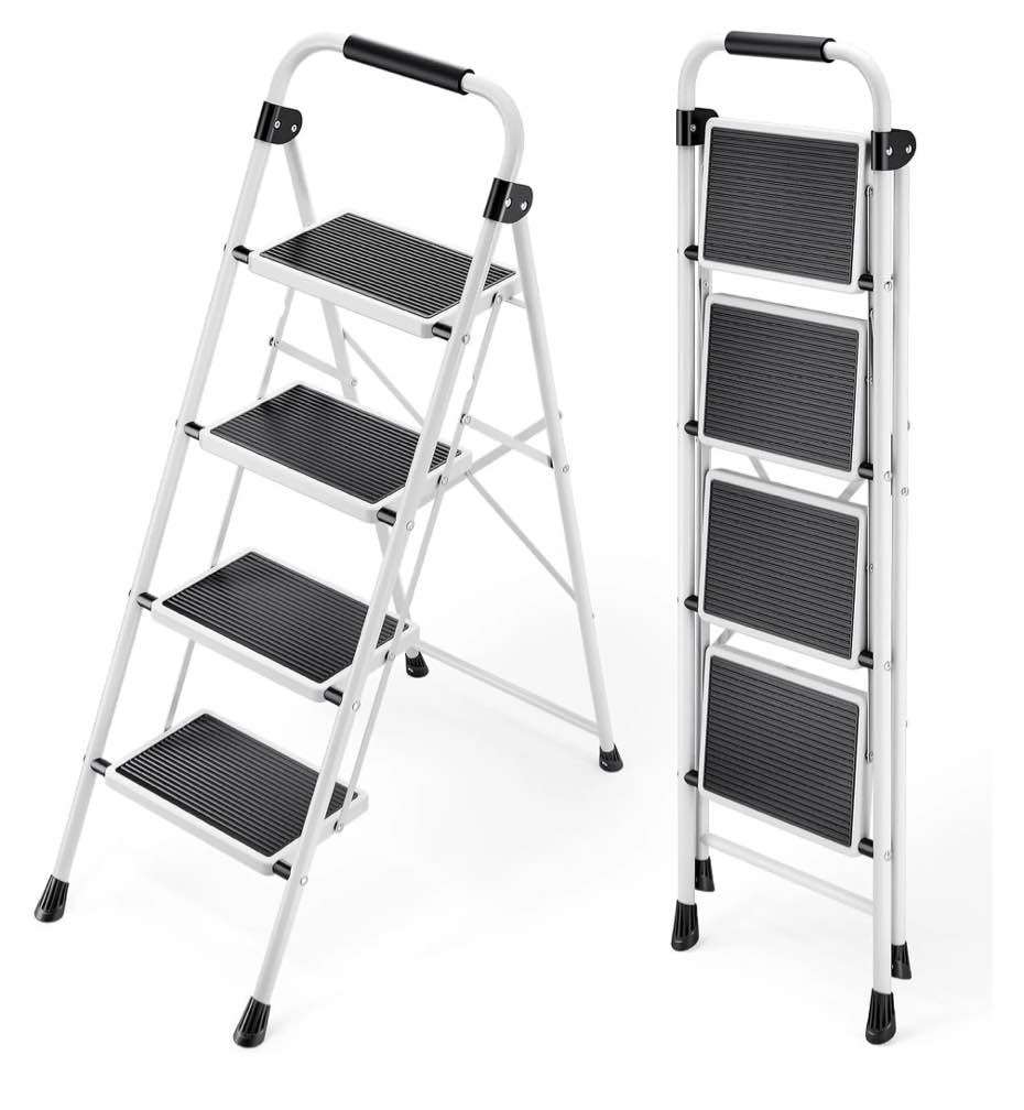 edx 4-step folding step stool for adults - 330 lbs capacity, sturdy steel frame, wide non-slip pedal & top handrail, lightweight portable ladder for home kitchen, black