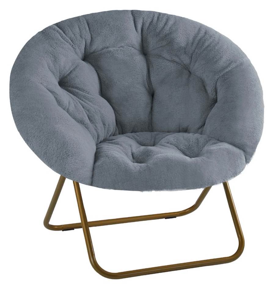 edx faux fur folding saucer chair, foldable accent chair for adults, soft plush seat, lightweight & comfortable, grey