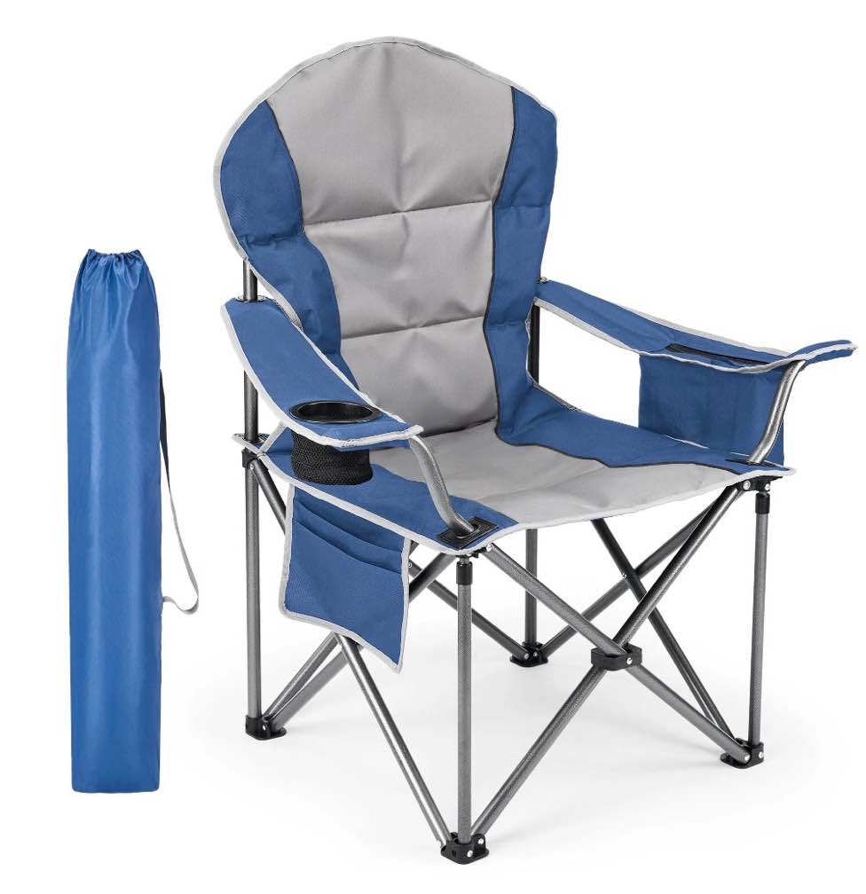edx oversized camping folding chair, heavy duty padded chair with cup holder storage and cooler bag, 500 lbs steel frame, portable for outdoor,blue gray