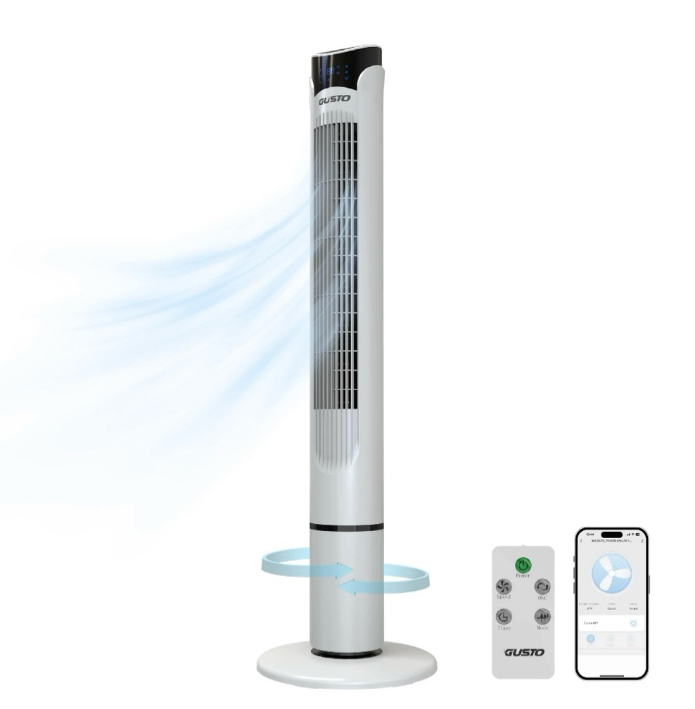 gusto smart tower fan  oscillating standing floor fan with remote  led display  and wifi function  40  white