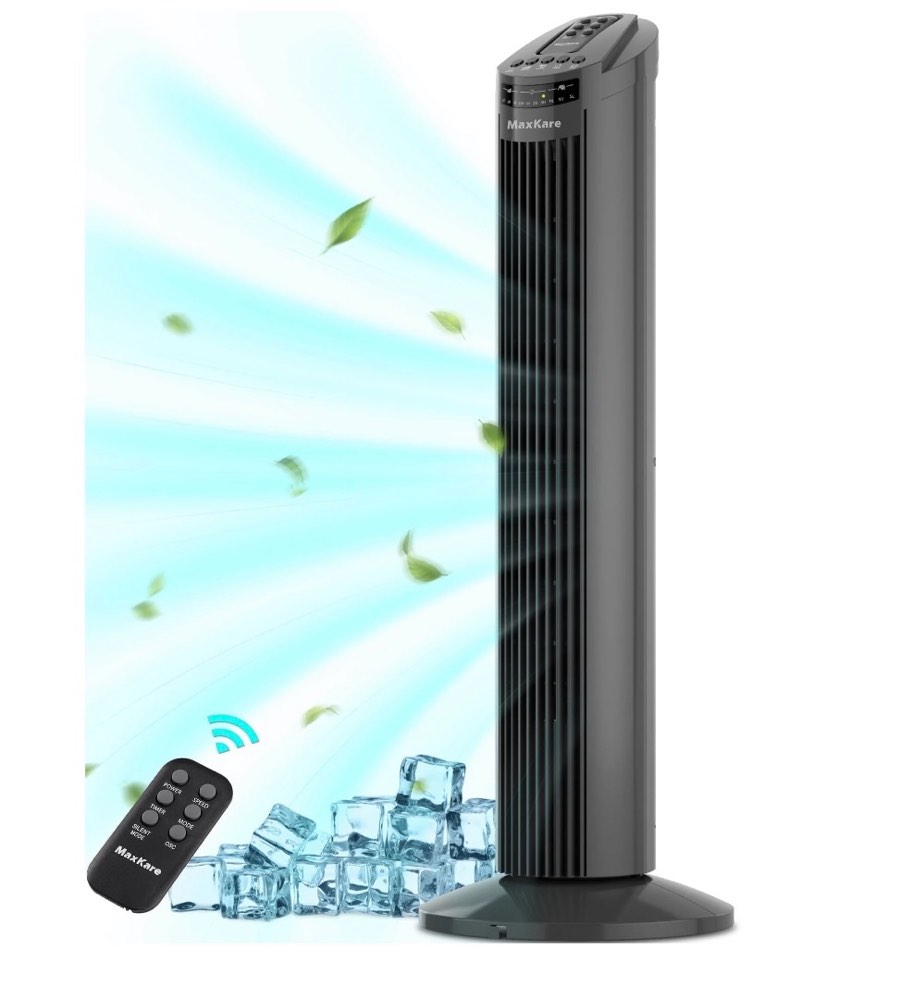 maxkare 30  tower fan 70° oscillating cooling fan with remote control 3 speeds 3 wind modes  7.5h timer  gray  brand new