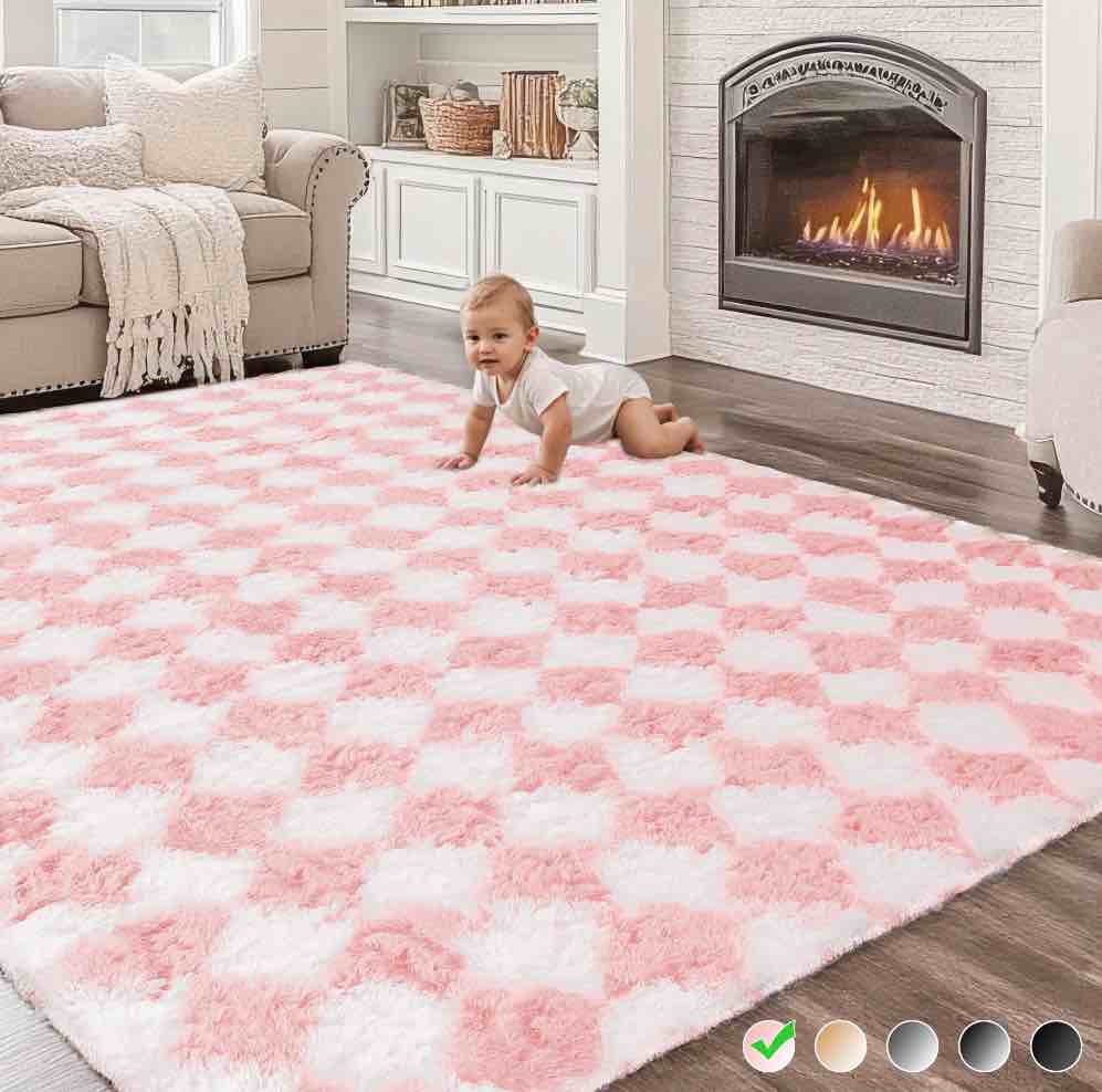 cozydesg large rugs,4'x6' soft fluffy shag indoor floor carpet for living room bedroom dining room office home decor,pink & white