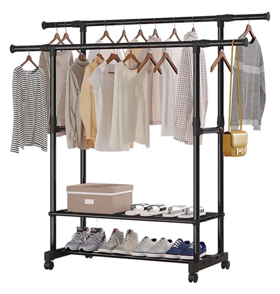 Adjustable Double Rod Rolling Clothes Rack with Shelves, Portable Garment Rack with Wheels and 2-Tier Shoe Storage for Bedroom, Entryway or Closet