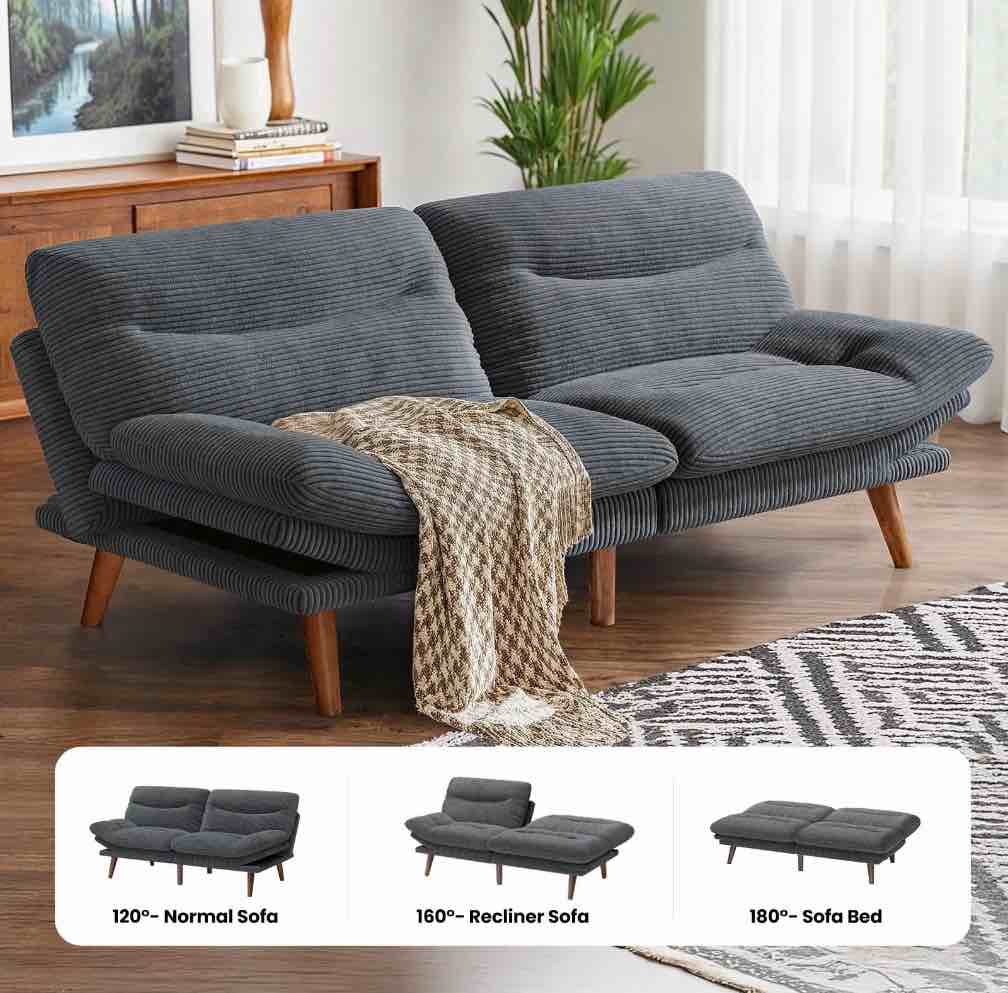 CHITOOMA 75" Corduroy Futon Sofa Bed, Gray Convertible Couch with Adjustable Backrest and 6-Level Armrests, Comfy Sleeper Sofa for Living Room, Apartment, or Office