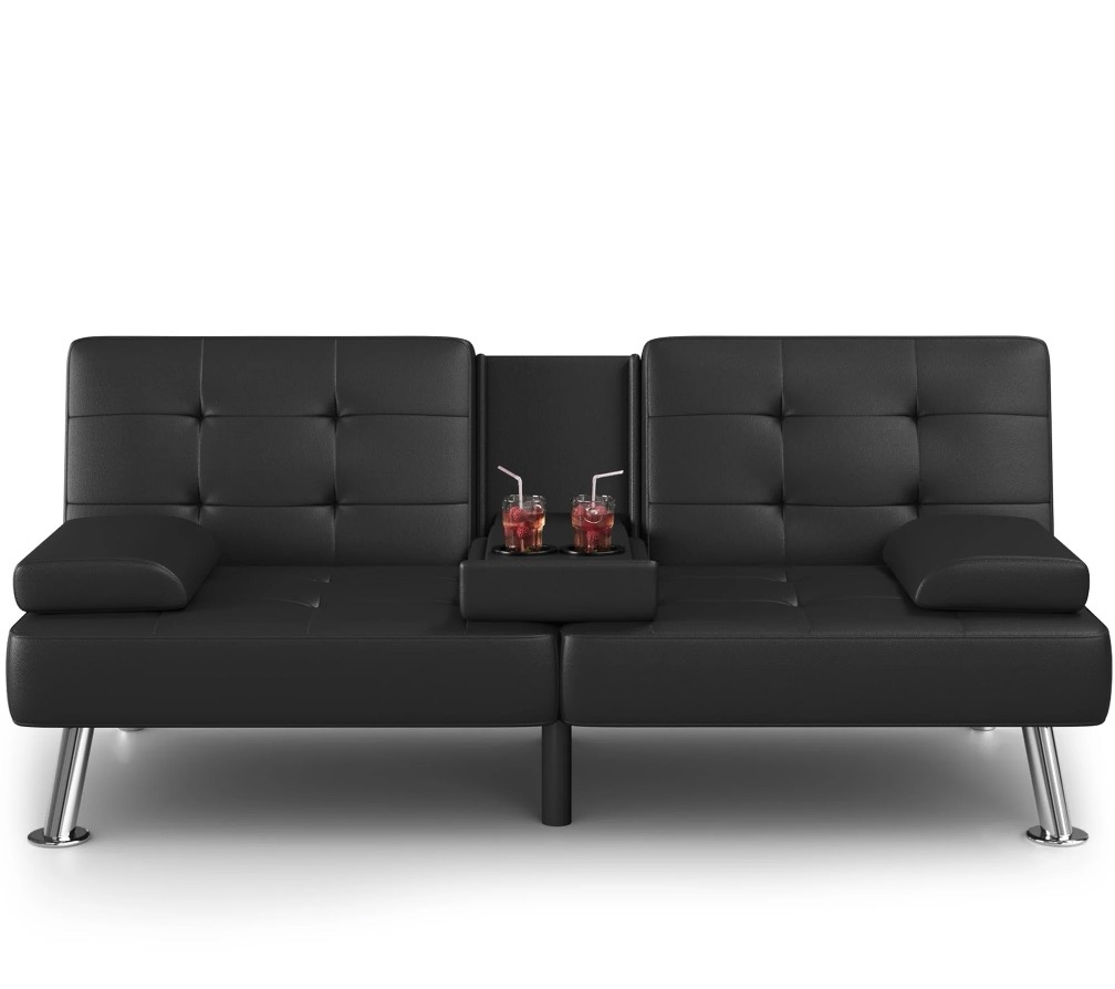 Homall Futon Sofa Bed Faux Leather Couch Modern Convertible Folding Recliner with 2 Cup Holders
