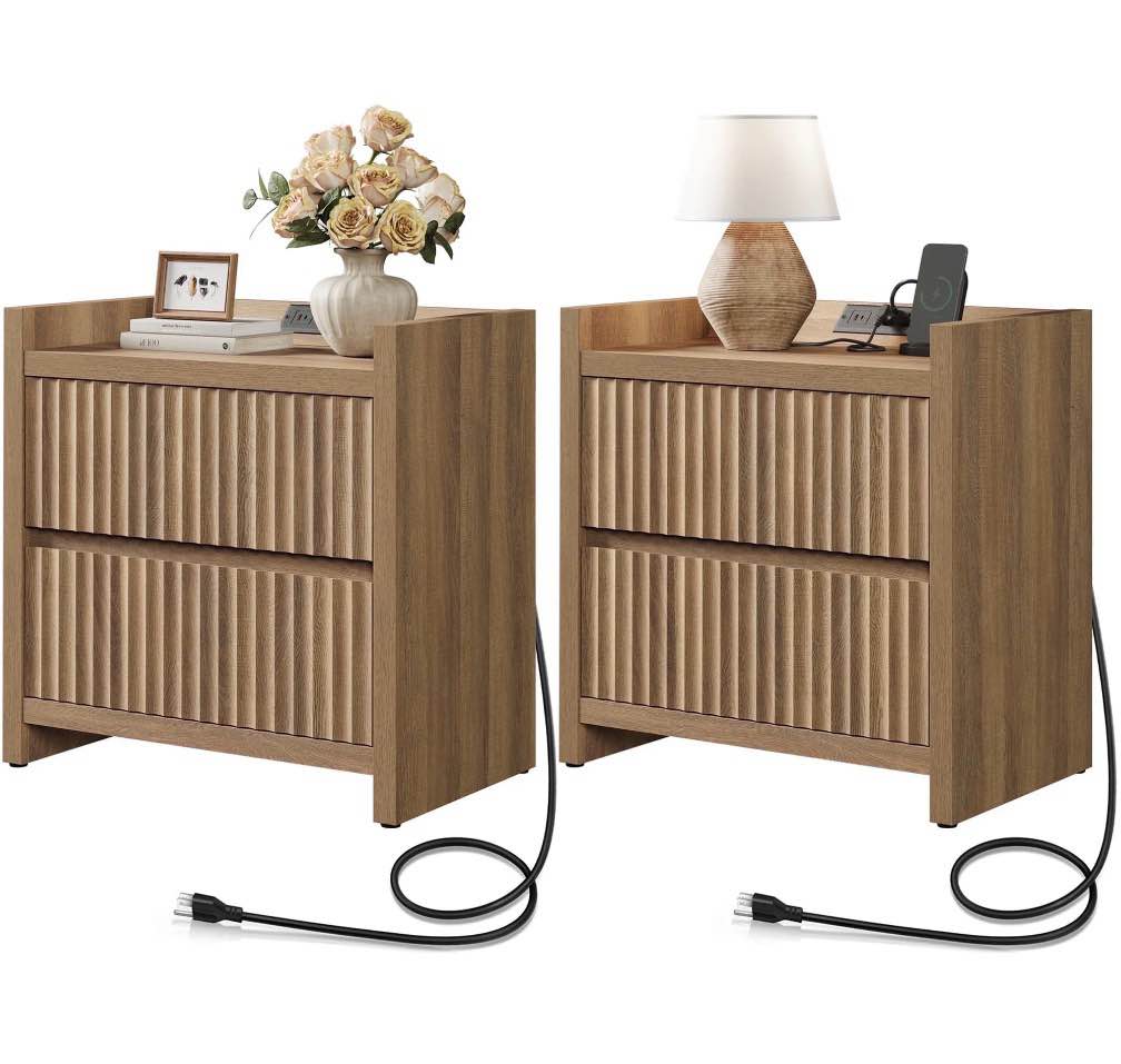 SICOTAS 25.4" Wide Nightstand Set of 2 with Charging Station, Modern Night Stand  with  2 Fluted Drawer & Handle-Less Storage Farmhouse Bed Side Table  for Bedroom, Natural Oak