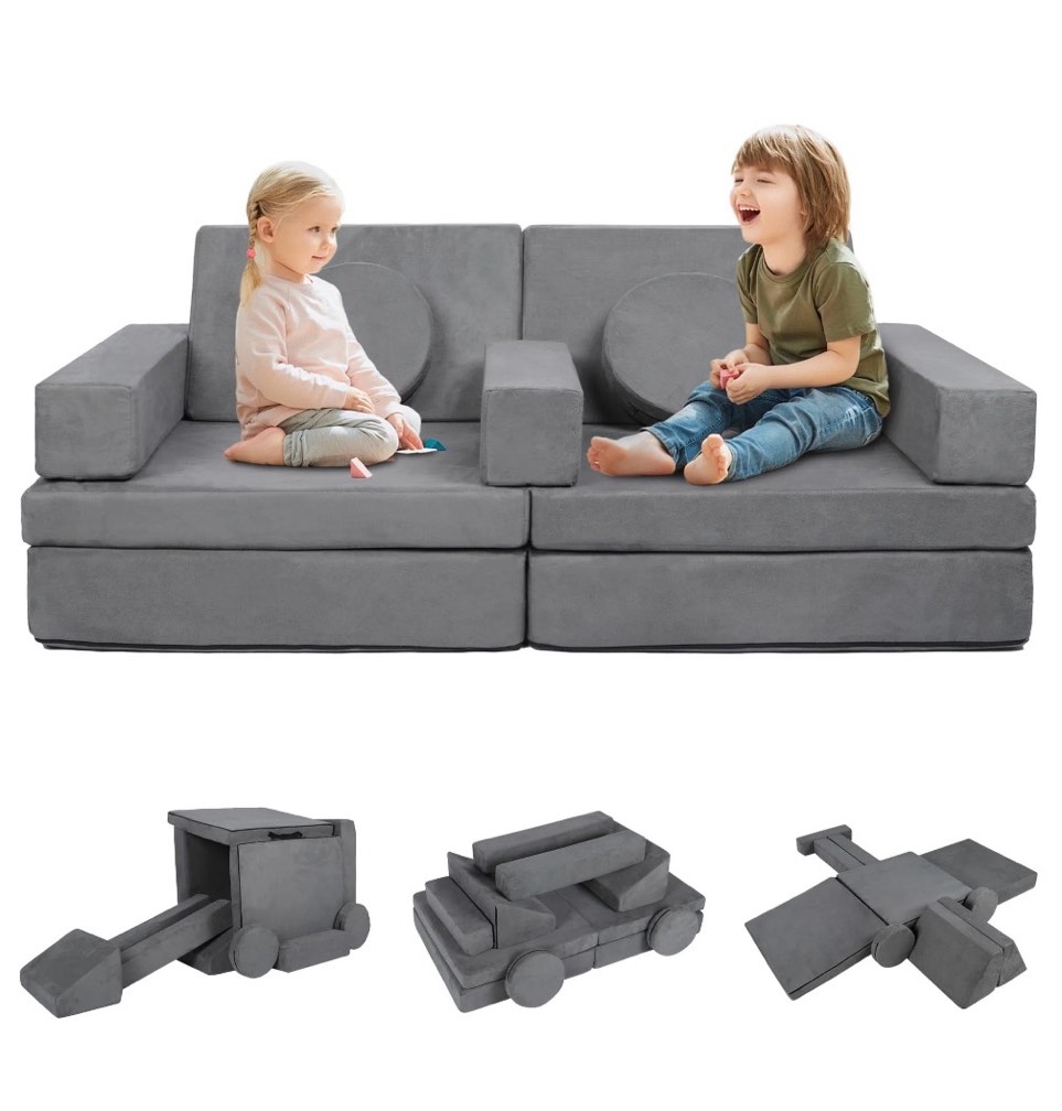 AILEEKISS 9 Pcs Kids Sofa Couch Playset, Indoor Baby Play Couch Furniture for Toddler, Grey