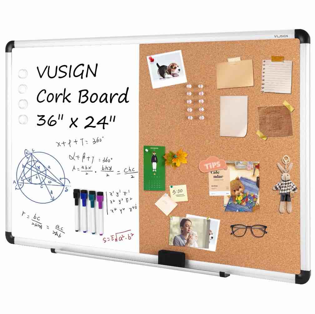 VUSIGN 2 in 1 Combo Whiteboard for Wall Magnetic Dry Erase Board Cork Combination Board 24" x 36" School Supplies