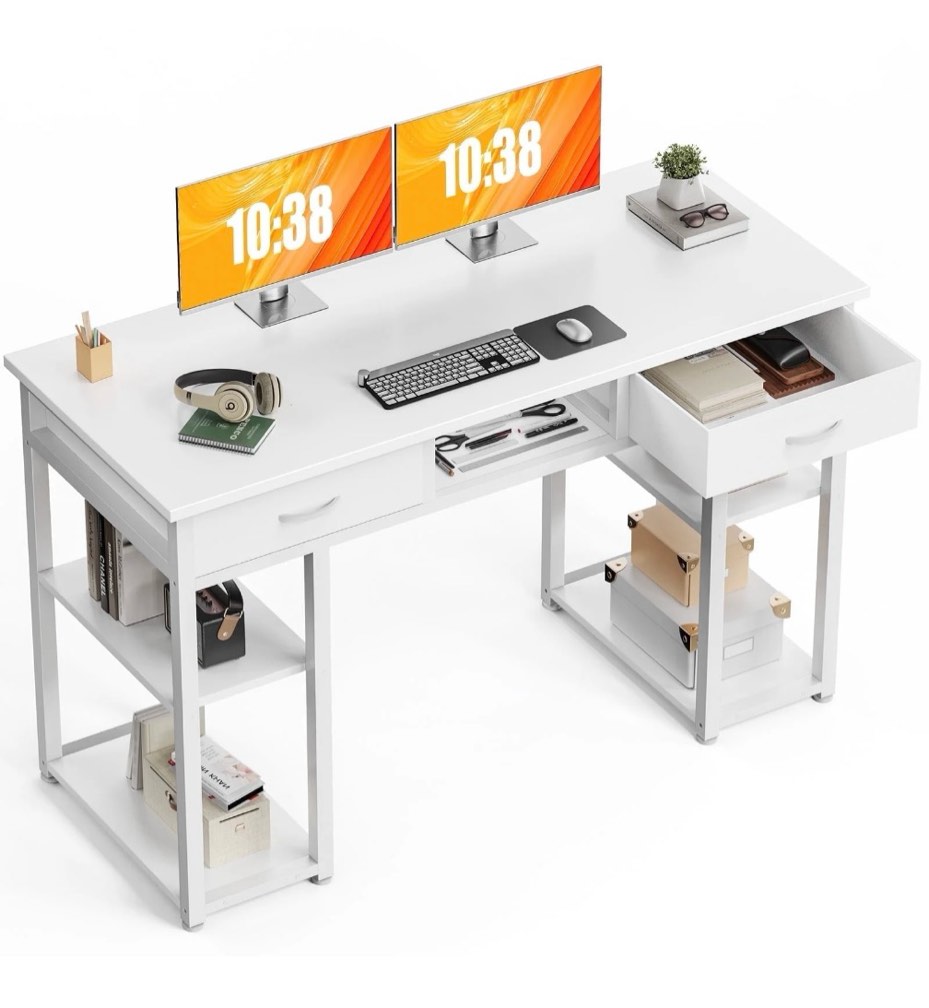 CONCETTA 48 inch Small Desk with Fabric Drawers & Storage Shelves, Computer Desk, Writing Desk for Home Office, Bedroom, White