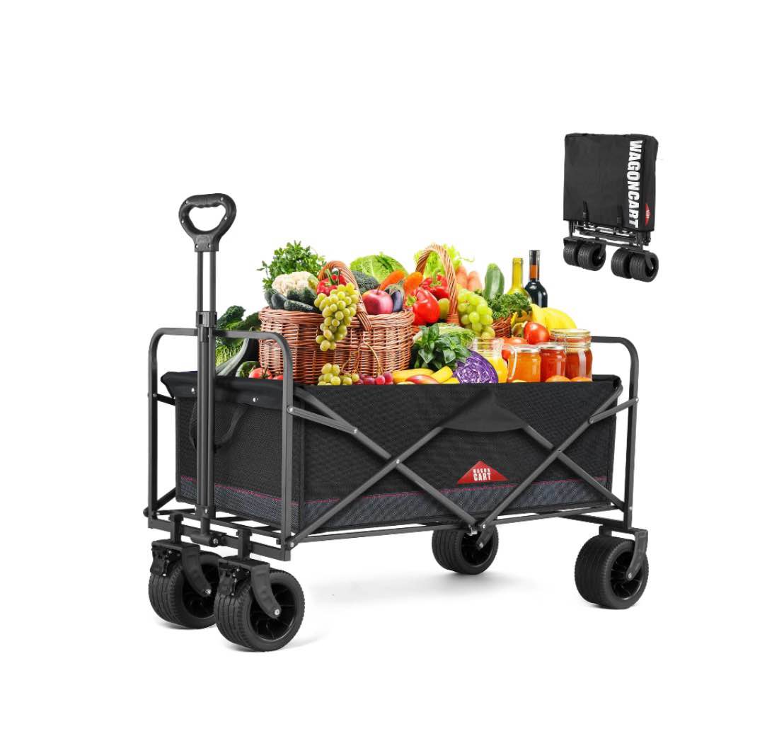 UPGO Collapsible Foldable Wagon with 330lbs Weight Capacity  Heavy Duty Folding Utility Garden Cart with Big All-Terrain Beach Wheels & Drink Holders.Black
