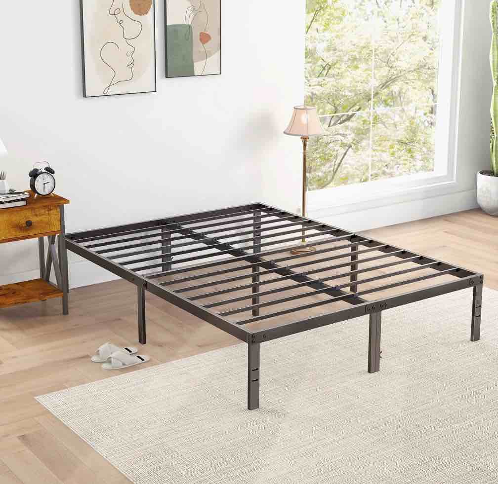 edx 14" high full size bed frame no box spring needed, heavy duty metal with sturdy steel slat support and under bed storage full