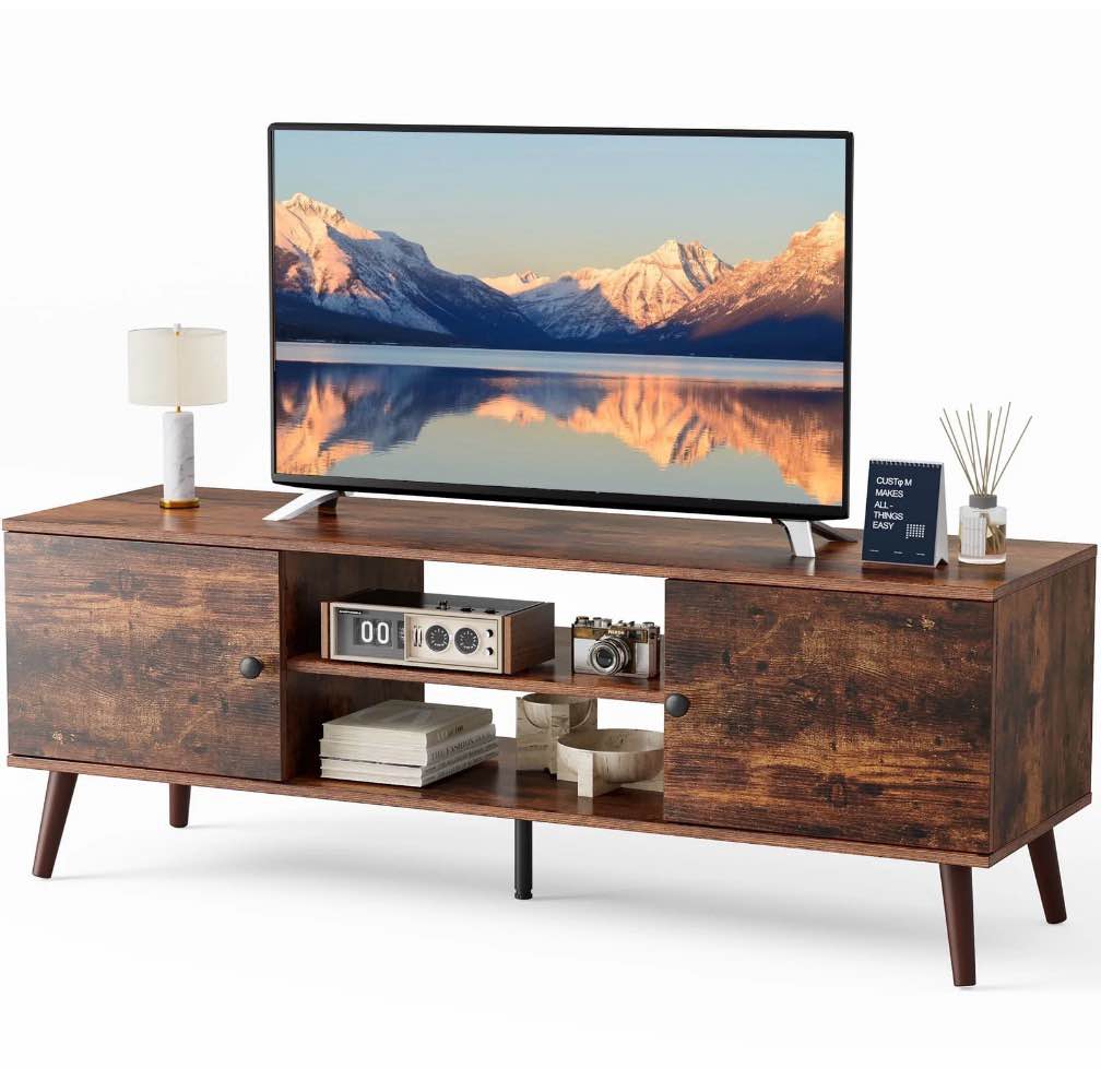 edx modern tv stand for 55-60 inch tv, mid century entertainment centre, media console table with storage for living room, office, brown