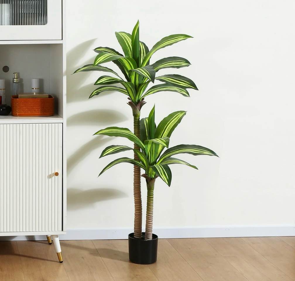 artificial plants, 4ft fake dracaena tree in black plastic pot, faux plants indoor outdoor decor, silk plants for home decor office porch patio perfect housewarming gift