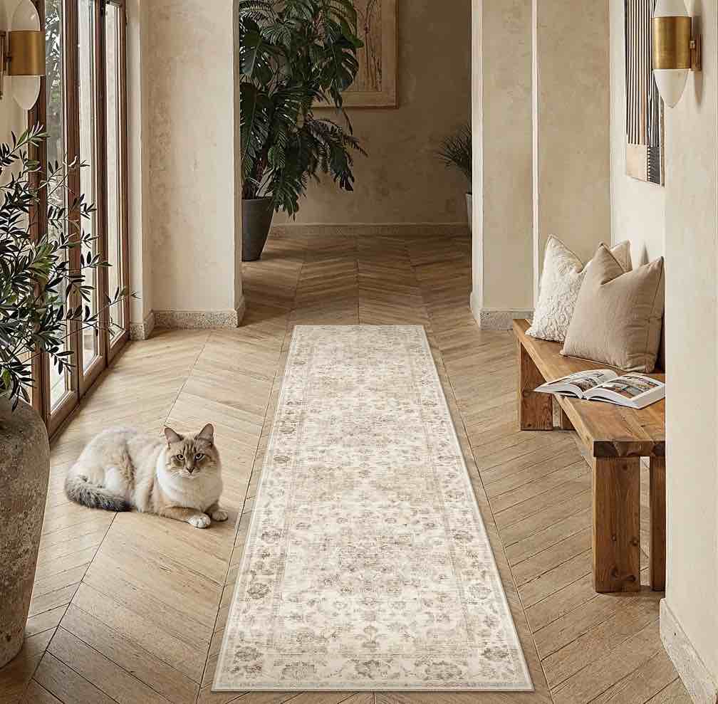 wiponken 2x8 runner rugs for living room bedroom dining room office farmhouse, machine washable non slip vintage persia rug beige