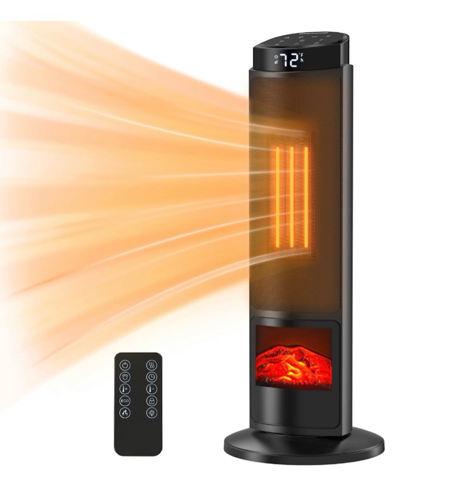 concetta tower space heater with fireplace effect – oscillating function, remote control, 1500w heating,black
