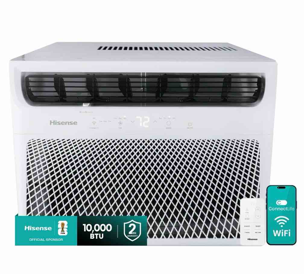 hisense 10,000 btu window air conditioner 550 sq ft. easy clean, easy to install, 4-way air direction, remote control, led display, multi-purpose modes, connectlife app (waw1025cw1w)