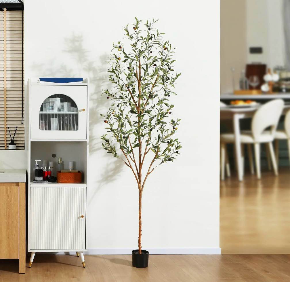 7 ft Artificial Olive Plants with Realistic Leaves and Natural Trunk, Silk Fake Olive Tree in Black Plastic Pot, Faux Olive Tree for Office Home