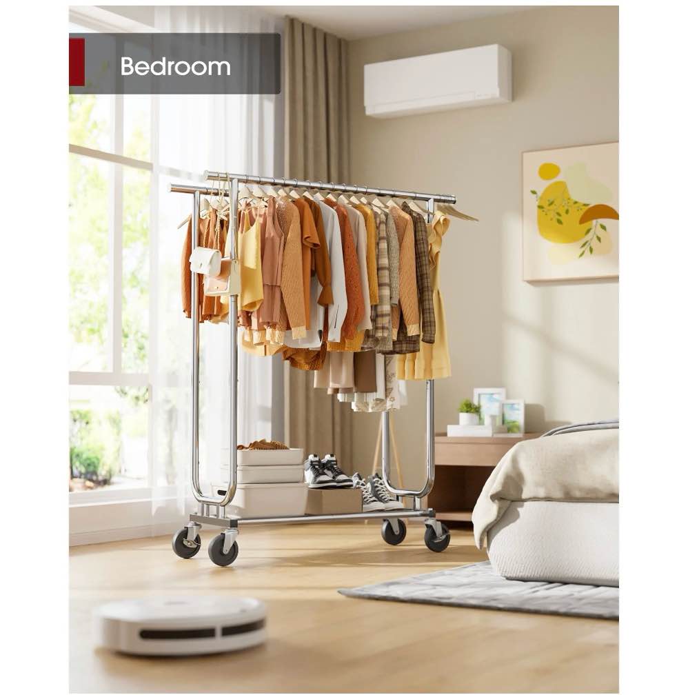 Sakugi Heavy-Duty Clothes Rack - 42.5"×16.5"×65.9" Garment Rack with 4-inch Lockable Wheels, Double-Rod Stainless Steel Clothing Racks for Hanging Clothes in Bedroom, Laundry Room,Silver