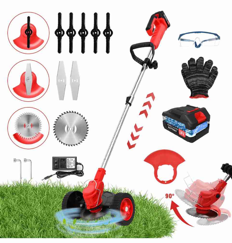 Electric Cordless Grass Trimmer Cordless Weed Eaters Wacker 24V 650W Battery Operated String Trimmer Mower Weed Lawn Edger Eater Electric Grass Cuting Machine with Wheels