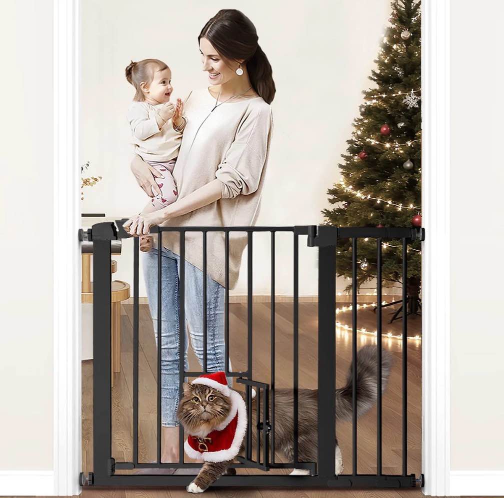 KingSo Extra Tall 30" Wide 29.5”- 40.5" Auto Close Baby Gate with Swing Door Small Pet Door for Cat Dog Doorway Stairs, Black